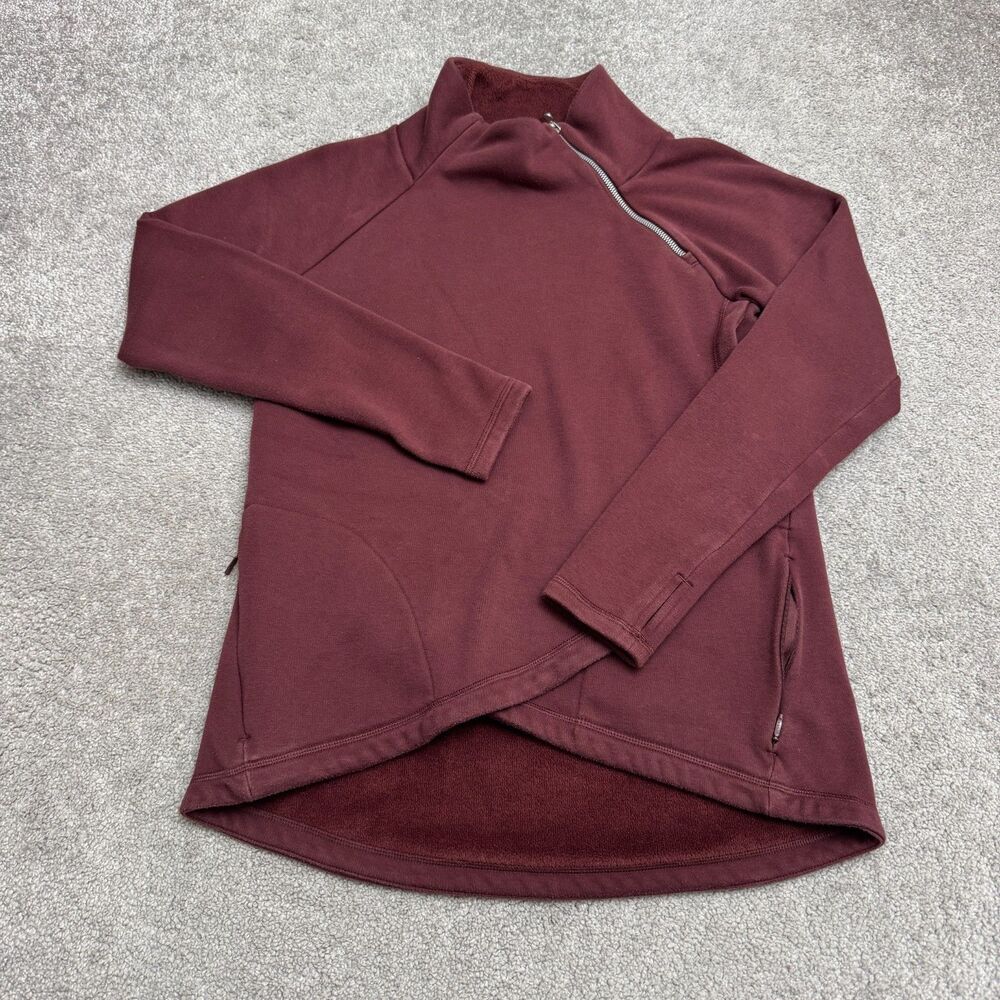 Athleta Cozy Karma Asym Pullover Women Small Maroon Fleece Zip Mock Neck Active